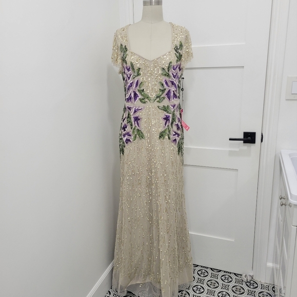 Adrianna Papell Floral Beaded Sweetheart Neck Cap Sleeves Shealth Long Gown 12 - Picture 6 of 16